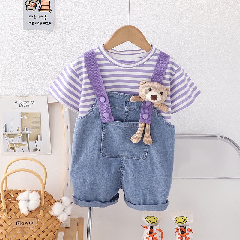 Boys and Girls Summer Denim Strap Two-piece Suit Western Style Cute Baby Summer Short-sleeved Clothes Baby Children Pink - Image 4