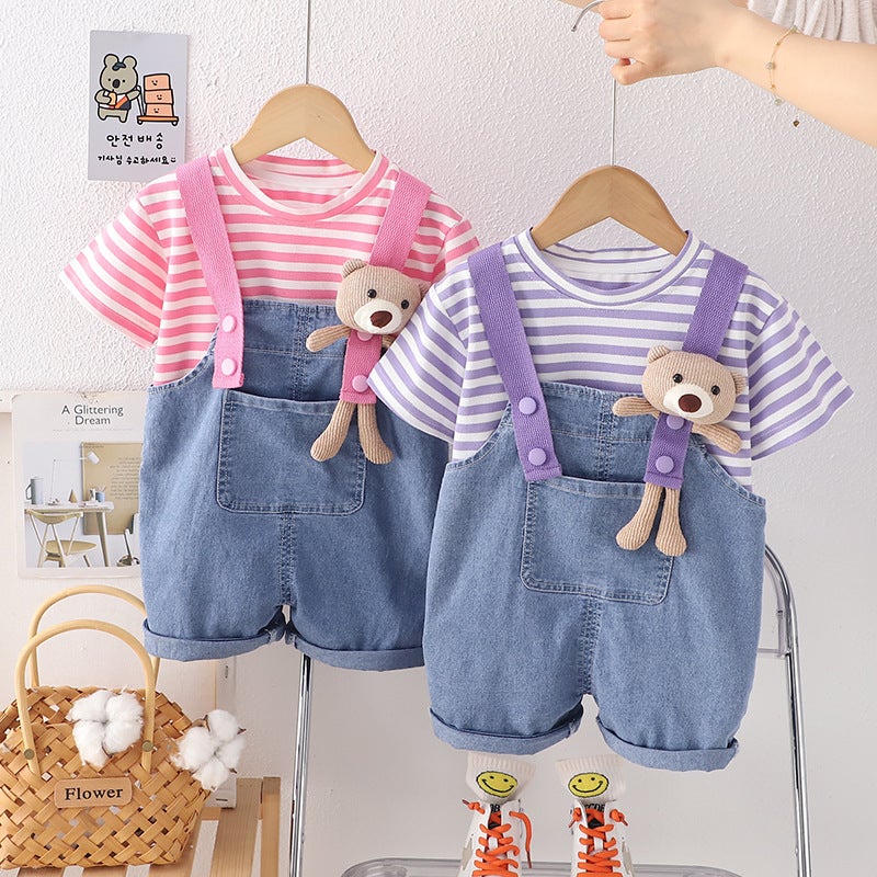 Boys and Girls Summer Denim Strap Two-piece Suit Western Style Cute Baby Summer Short-sleeved Clothes Baby Children Pink - Image 3