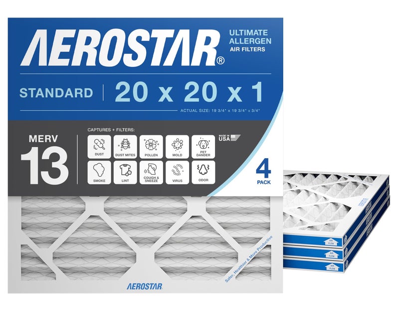 Aerostar 20x20x1 MERV 13 Air Filter, 4 Count, ACTUAL SIZE (19.75 x 19.75 x 0.75), HVAC, Air Conditioning & Furnace Filter for Allergies, Dust, Pet Dander & Smoke (MPR 1500 / FPR 10), Made in USA - Image 1