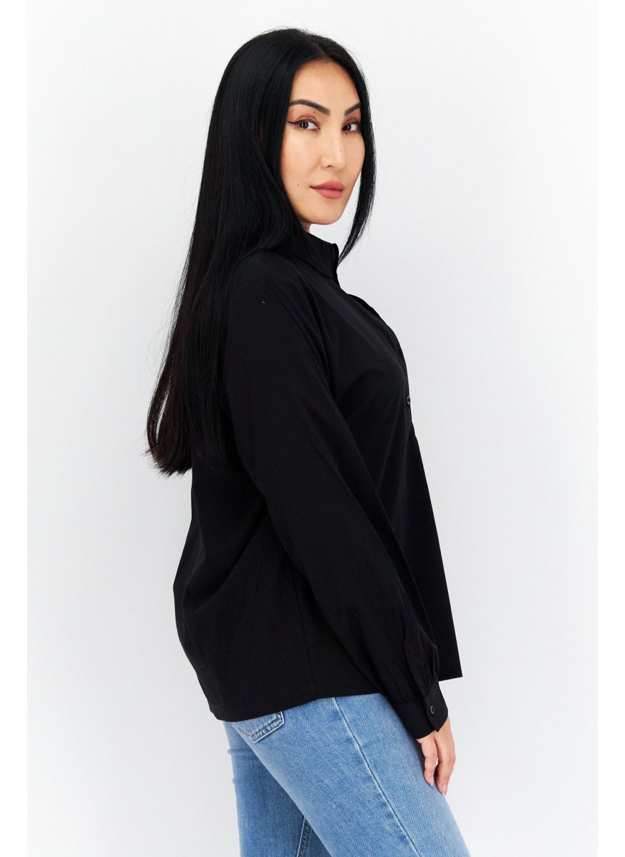 s.Oliver - Women Spread Collar Long Sleeve Plain Blouse, Black - Image 1