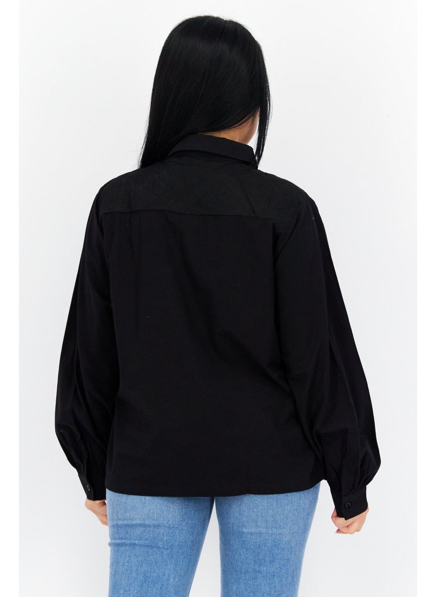 s.Oliver - Women Spread Collar Long Sleeve Plain Blouse, Black - Image 1