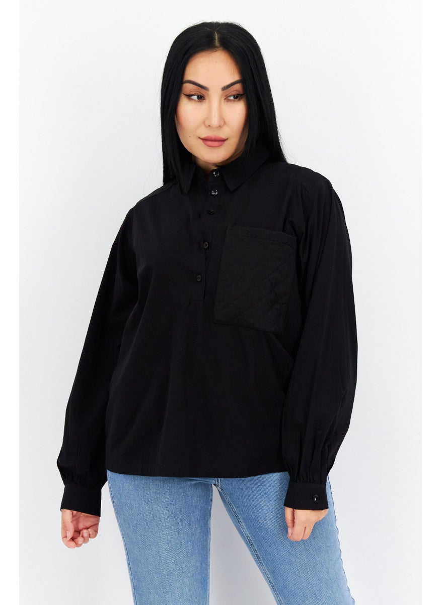s.Oliver - Women Spread Collar Long Sleeve Plain Blouse, Black - Image 1