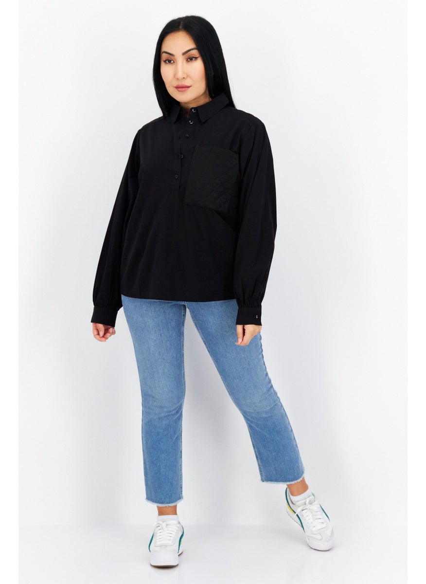 s.Oliver - Women Spread Collar Long Sleeve Plain Blouse, Black - Image 1