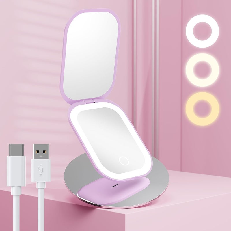 Benbilry Lighted Compact Travel Mirror with 3 Color Lights, 1X/3X Magnifying Ultra Slim Rechargeable Pocket Mirror for Purse, 2-Sided, Handheld, Folding, Portable, Purple