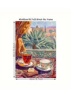 A modern, beautiful and elegant watercolor canvas wall art, a sophisticated picture of a tea cup and a palm tree background, nice oriental Arabic colors and patterns, a bright and relaxing painting from the old oriental Arabic architectural style, without any frame, an elegant decorative element for the home or even in the hotel corridors, bedroom, guest room, meeting room, hair tent, office, popular cafe, old traditional restaurants, hospital corridors, in the kitchen, next to the coffee corner, or an ideal artistic gift for special people. It can be given as a gift to a person in the old mud house council, or to an elderly man or woman, or in Ramadan. You can add a wooden frame to it, or you can even hang the painting with clips without any frame. Its size is 40*60 cm, without a frame.