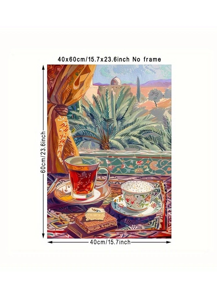 Generic - A modern, beautiful and elegant watercolor canvas wall art, a sophisticated picture of a tea cup and a palm tree background, nice oriental Arabic colors and patterns, a bright and relaxing painting from the old oriental Arabic architectural style, without any frame, an elegant decorative element for the home or even in the hotel corridors, bedroom, guest room, meeting room, hair tent, office, popular cafe, old traditional restaurants, hospital corridors, in the kitchen, next to the coffee corner, or an ideal artistic gift for special people. It can be given as a gift to a person in the old mud house council, or to an elderly man or woman, or in Ramadan. You can add a wooden frame to it, or you can even hang the painting with clips without any frame. Its size is 40*60 cm, without a frame. - Image 1