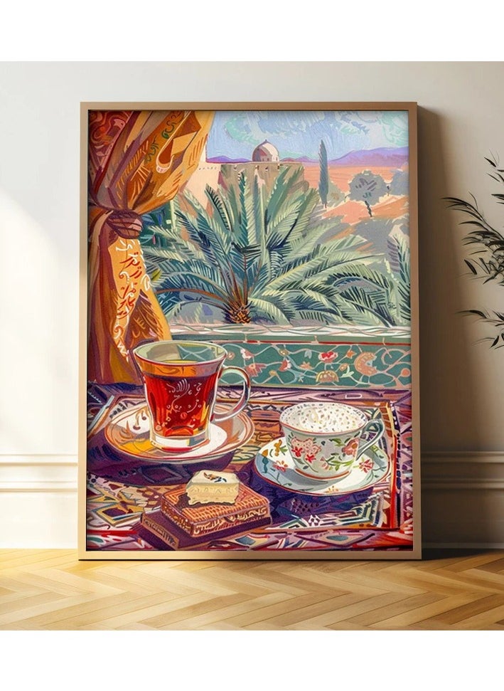 Generic - A modern, beautiful and elegant watercolor canvas wall art, a sophisticated picture of a tea cup and a palm tree background, nice oriental Arabic colors and patterns, a bright and relaxing painting from the old oriental Arabic architectural style, without any frame, an elegant decorative element for the home or even in the hotel corridors, bedroom, guest room, meeting room, hair tent, office, popular cafe, old traditional restaurants, hospital corridors, in the kitchen, next to the coffee corner, or an ideal artistic gift for special people. It can be given as a gift to a person in the old mud house council, or to an elderly man or woman, or in Ramadan. You can add a wooden frame to it, or you can even hang the painting with clips without any frame. Its size is 40*60 cm, without a frame. - Image 1