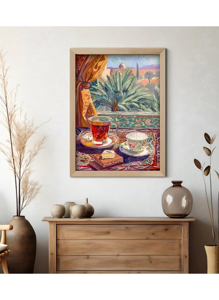 Generic - A modern, beautiful and elegant watercolor canvas wall art, a sophisticated picture of a tea cup and a palm tree background, nice oriental Arabic colors and patterns, a bright and relaxing painting from the old oriental Arabic architectural style, without any frame, an elegant decorative element for the home or even in the hotel corridors, bedroom, guest room, meeting room, hair tent, office, popular cafe, old traditional restaurants, hospital corridors, in the kitchen, next to the coffee corner, or an ideal artistic gift for special people. It can be given as a gift to a person in the old mud house council, or to an elderly man or woman, or in Ramadan. You can add a wooden frame to it, or you can even hang the painting with clips without any frame. Its size is 40*60 cm, without a frame. - Image 1