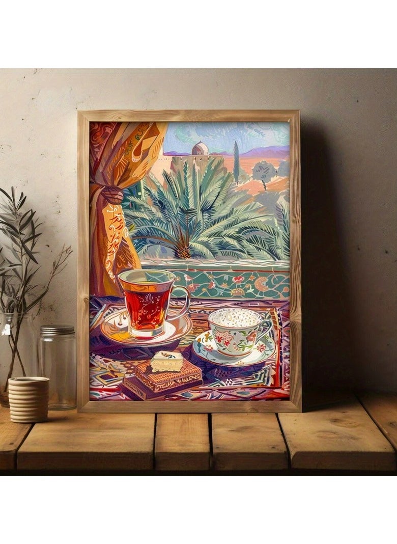 Generic - A modern, beautiful and elegant watercolor canvas wall art, a sophisticated picture of a tea cup and a palm tree background, nice oriental Arabic colors and patterns, a bright and relaxing painting from the old oriental Arabic architectural style, without any frame, an elegant decorative element for the home or even in the hotel corridors, bedroom, guest room, meeting room, hair tent, office, popular cafe, old traditional restaurants, hospital corridors, in the kitchen, next to the coffee corner, or an ideal artistic gift for special people. It can be given as a gift to a person in the old mud house council, or to an elderly man or woman, or in Ramadan. You can add a wooden frame to it, or you can even hang the painting with clips without any frame. Its size is 40*60 cm, without a frame. - Image 1