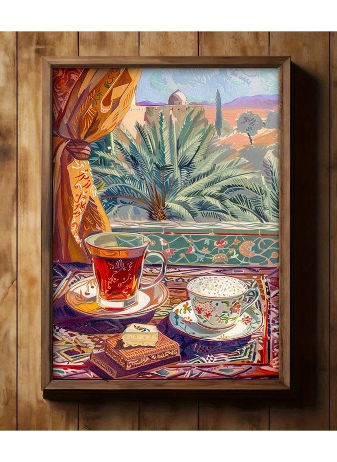 Generic - A modern, beautiful and elegant watercolor canvas wall art, a sophisticated picture of a tea cup and a palm tree background, nice oriental Arabic colors and patterns, a bright and relaxing painting from the old oriental Arabic architectural style, without any frame, an elegant decorative element for the home or even in the hotel corridors, bedroom, guest room, meeting room, hair tent, office, popular cafe, old traditional restaurants, hospital corridors, in the kitchen, next to the coffee corner, or an ideal artistic gift for special people. It can be given as a gift to a person in the old mud house council, or to an elderly man or woman, or in Ramadan. You can add a wooden frame to it, or you can even hang the painting with clips without any frame. Its size is 40*60 cm, without a frame. - Image 1
