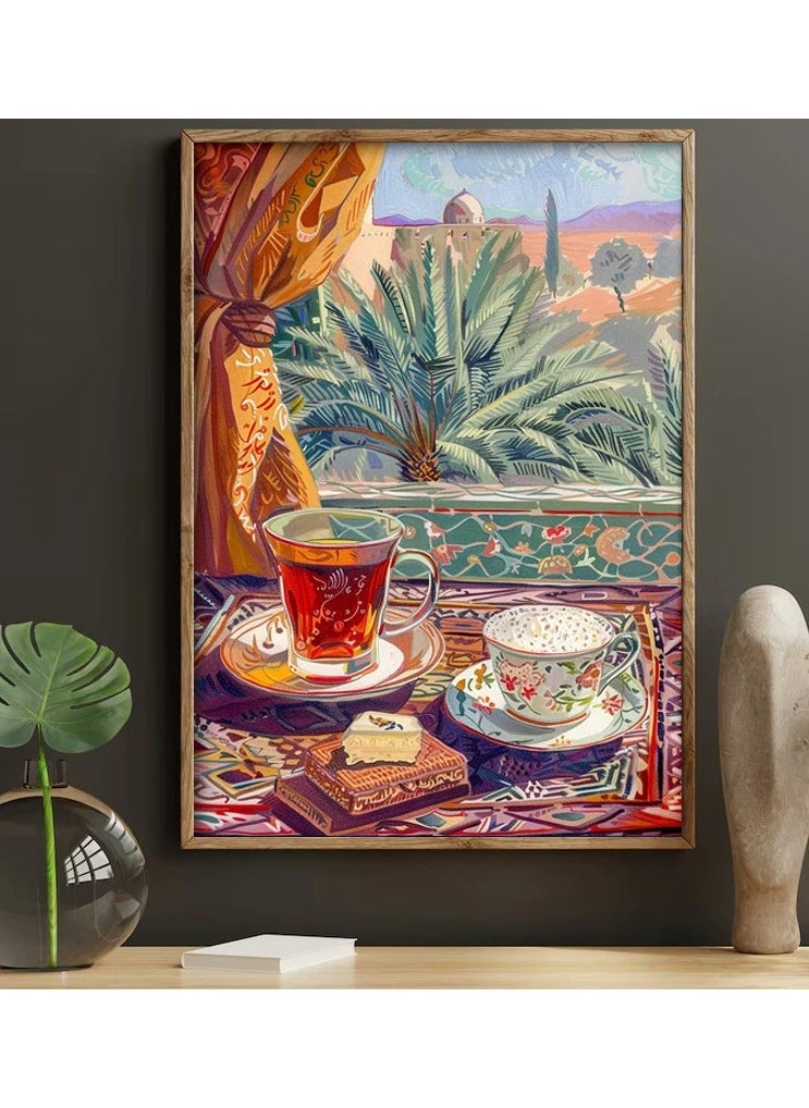 Generic - A modern, beautiful and elegant watercolor canvas wall art, a sophisticated picture of a tea cup and a palm tree background, nice oriental Arabic colors and patterns, a bright and relaxing painting from the old oriental Arabic architectural style, without any frame, an elegant decorative element for the home or even in the hotel corridors, bedroom, guest room, meeting room, hair tent, office, popular cafe, old traditional restaurants, hospital corridors, in the kitchen, next to the coffee corner, or an ideal artistic gift for special people. It can be given as a gift to a person in the old mud house council, or to an elderly man or woman, or in Ramadan. You can add a wooden frame to it, or you can even hang the painting with clips without any frame. Its size is 40*60 cm, without a frame. - Image 1