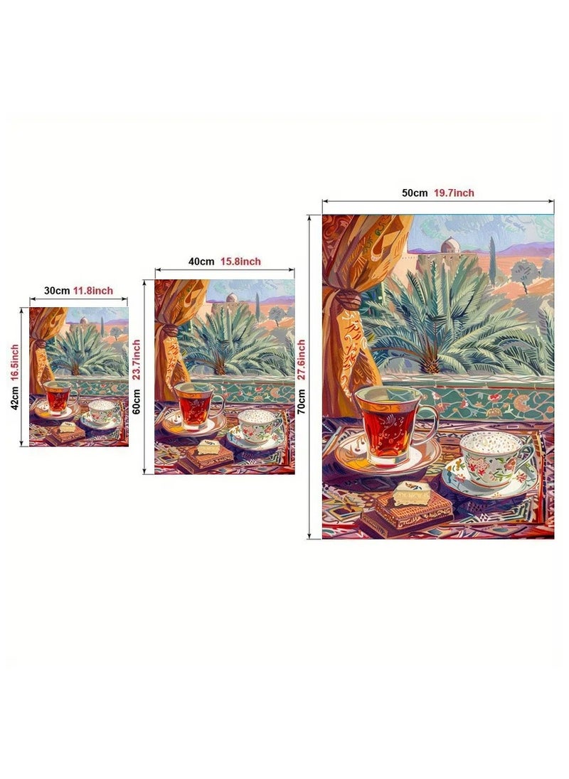 Generic - A modern, beautiful and elegant watercolor canvas wall art, a sophisticated picture of a tea cup and a palm tree background, nice oriental Arabic colors and patterns, a bright and relaxing painting from the old oriental Arabic architectural style, without any frame, an elegant decorative element for the home or even in the hotel corridors, bedroom, guest room, meeting room, hair tent, office, popular cafe, old traditional restaurants, hospital corridors, in the kitchen, next to the coffee corner, or an ideal artistic gift for special people. It can be given as a gift to a person in the old mud house council, or to an elderly man or woman, or in Ramadan. You can add a wooden frame to it, or you can even hang the painting with clips without any frame. Its size is 40*60 cm, without a frame. - Image 1