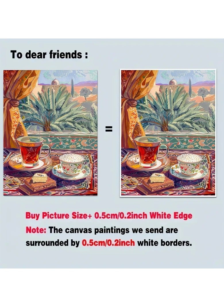 Generic - A modern, beautiful and elegant watercolor canvas wall art, a sophisticated picture of a tea cup and a palm tree background, nice oriental Arabic colors and patterns, a bright and relaxing painting from the old oriental Arabic architectural style, without any frame, an elegant decorative element for the home or even in the hotel corridors, bedroom, guest room, meeting room, hair tent, office, popular cafe, old traditional restaurants, hospital corridors, in the kitchen, next to the coffee corner, or an ideal artistic gift for special people. It can be given as a gift to a person in the old mud house council, or to an elderly man or woman, or in Ramadan. You can add a wooden frame to it, or you can even hang the painting with clips without any frame. Its size is 40*60 cm, without a frame. - Image 1
