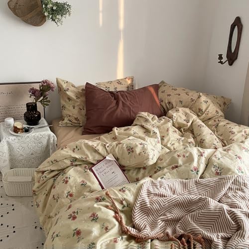 MKXI Yellowish Beige Red Floral Duvet Cover Set Queen Size 3 Piece Vintage Country Bedding Set with Floral Green Leaf Patterns 100 Cotton Soft Aesthetic Duvet Cover with Ties Pillowcases - Image 1