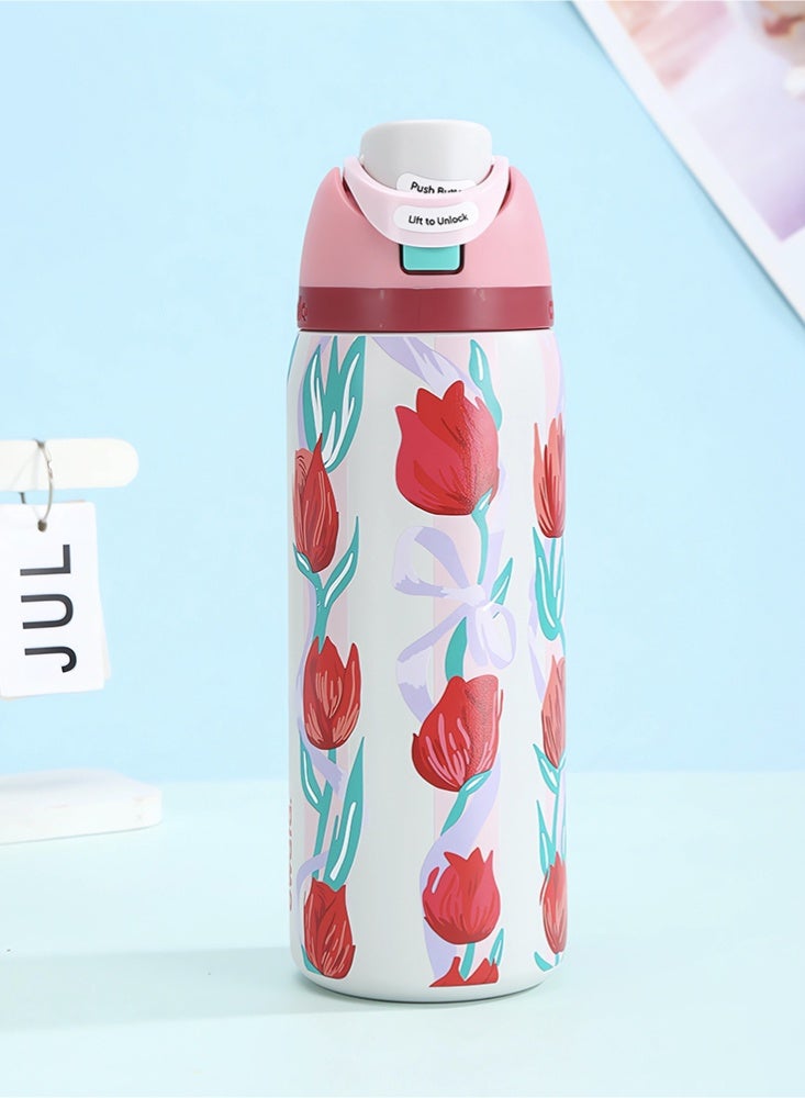 زجاجة مياه معزولة من الفولاذ المقاوم للصدأ (وردي 32 أونصة) FreeSip مع شفاطة للرياضة والسفر والمدرسة زجاجة مياه رياضية خالية من مادة BPA - Image 2