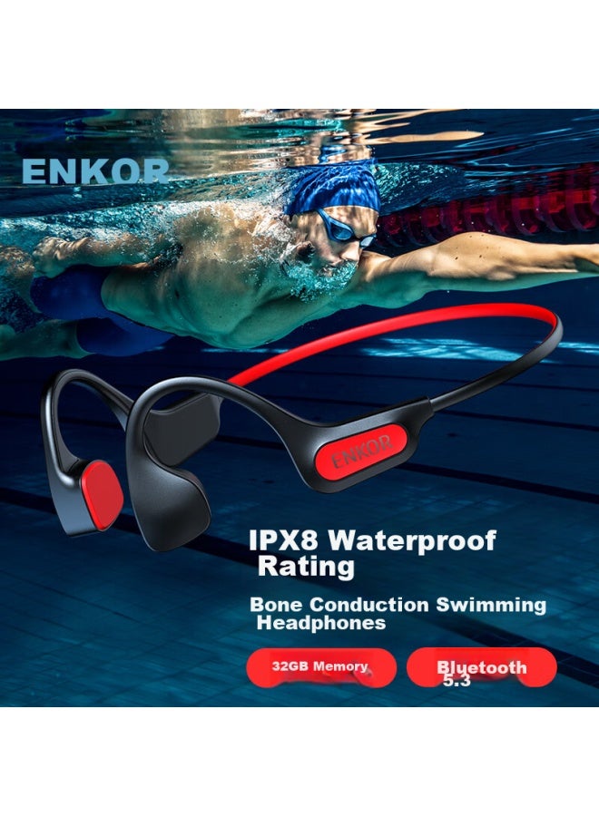 ENKOR إينكور سماعات بلوتوث بتقنية نقل الصوت عبر العظام، لاسلكية، فوق الأذن، تصميم مفتوح ، مثالية للجري والرياضة والسباحة، مقاومة للماء بمستوى IPX8، سعة تخزين 32 جيجابايت، متوافقة مع MP3، مناسبة لهواتف آبل وهواوي وشاومي - Image 1