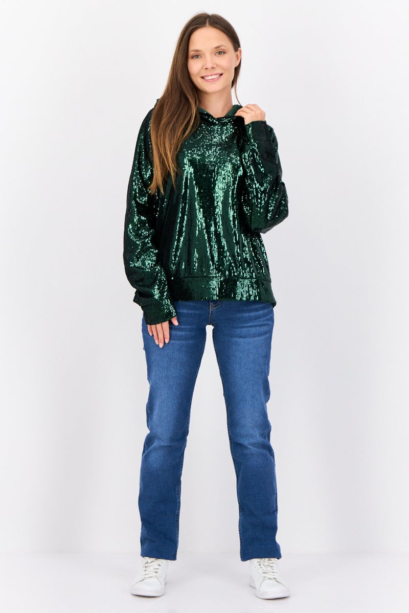 ESPRIT Women Sequins Long Sleeve Hoodie, Green  - Image 3