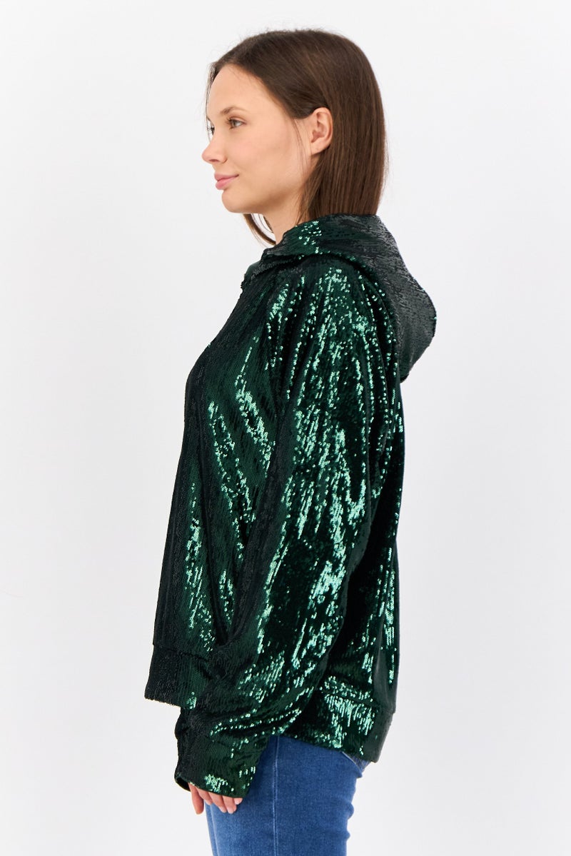 ESPRIT Women Sequins Long Sleeve Hoodie, Green  - Image 2
