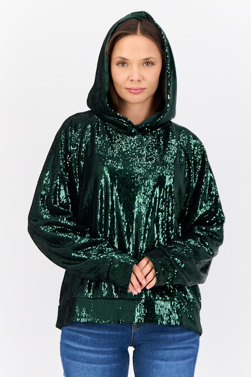 ESPRIT Women Sequins Long Sleeve Hoodie, Green  - Image 1