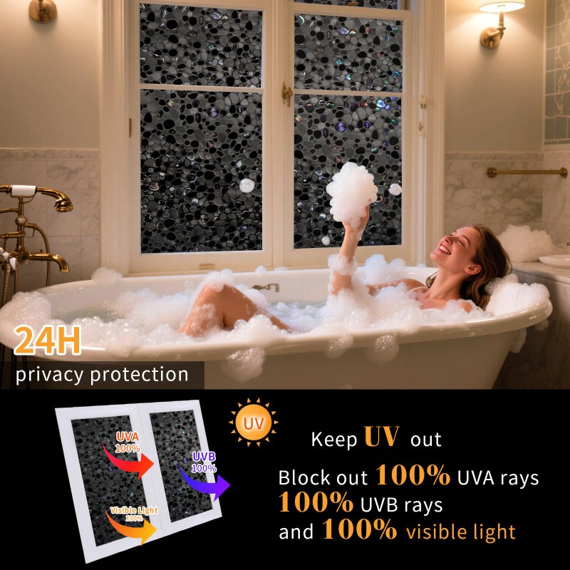JAYONG Total Blackout Window Film Privacy, 100% UV Blocking, Dark Window Tint for Home Decorative Window Film Static Cling Heat Control Window Clings for Bathroom, 3D Pebble Pattern, Black 17.5'' x 78.7'' - Image 3