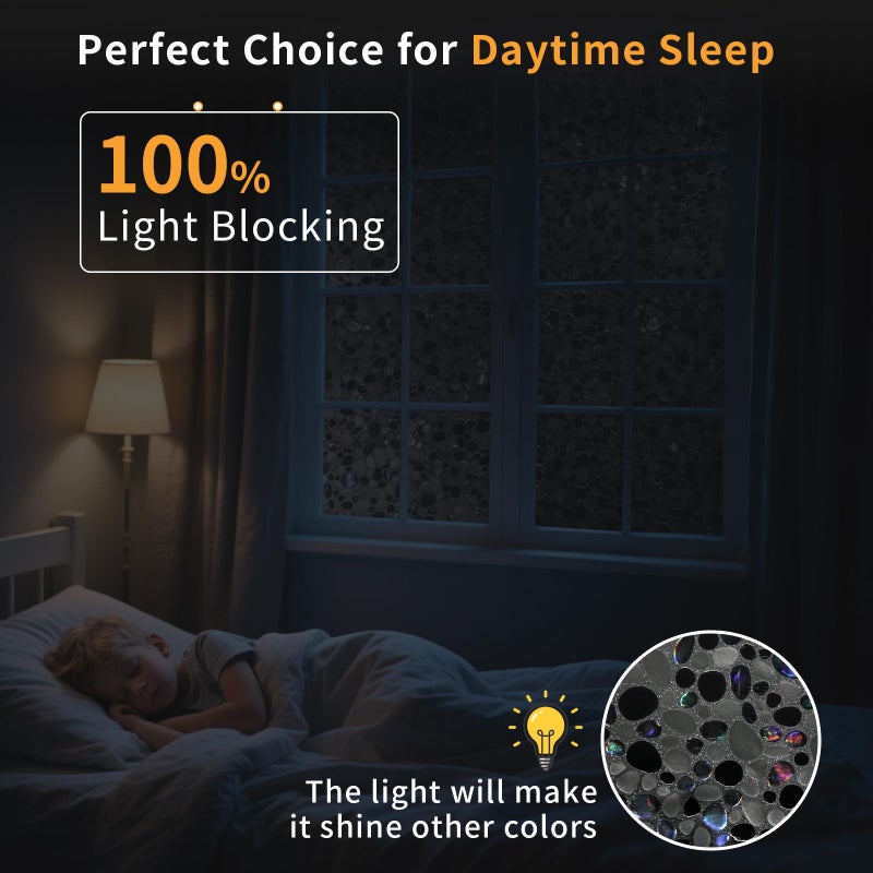 JAYONG Total Blackout Window Film Privacy, 100% UV Blocking, Dark Window Tint for Home Decorative Window Film Static Cling Heat Control Window Clings for Bathroom, 3D Pebble Pattern, Black 17.5'' x 78.7'' - Image 2
