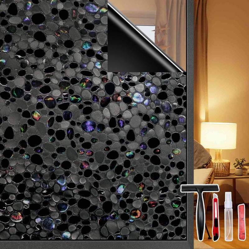 JAYONG Total Blackout Window Film Privacy, 100% UV Blocking, Dark Window Tint for Home Decorative Window Film Static Cling Heat Control Window Clings for Bathroom, 3D Pebble Pattern, Black 17.5'' x 78.7'' - Image 1
