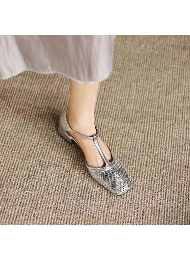 AME Openwork Sandals 2025 New T-strap Simple Elegant Mid-heel Sandals For Women, Graceful Mary Jane - Image 3