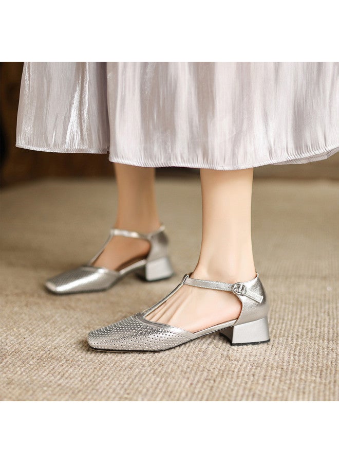 AME Openwork Sandals 2025 New T-strap Simple Elegant Mid-heel Sandals For Women, Graceful Mary Jane - Image 4