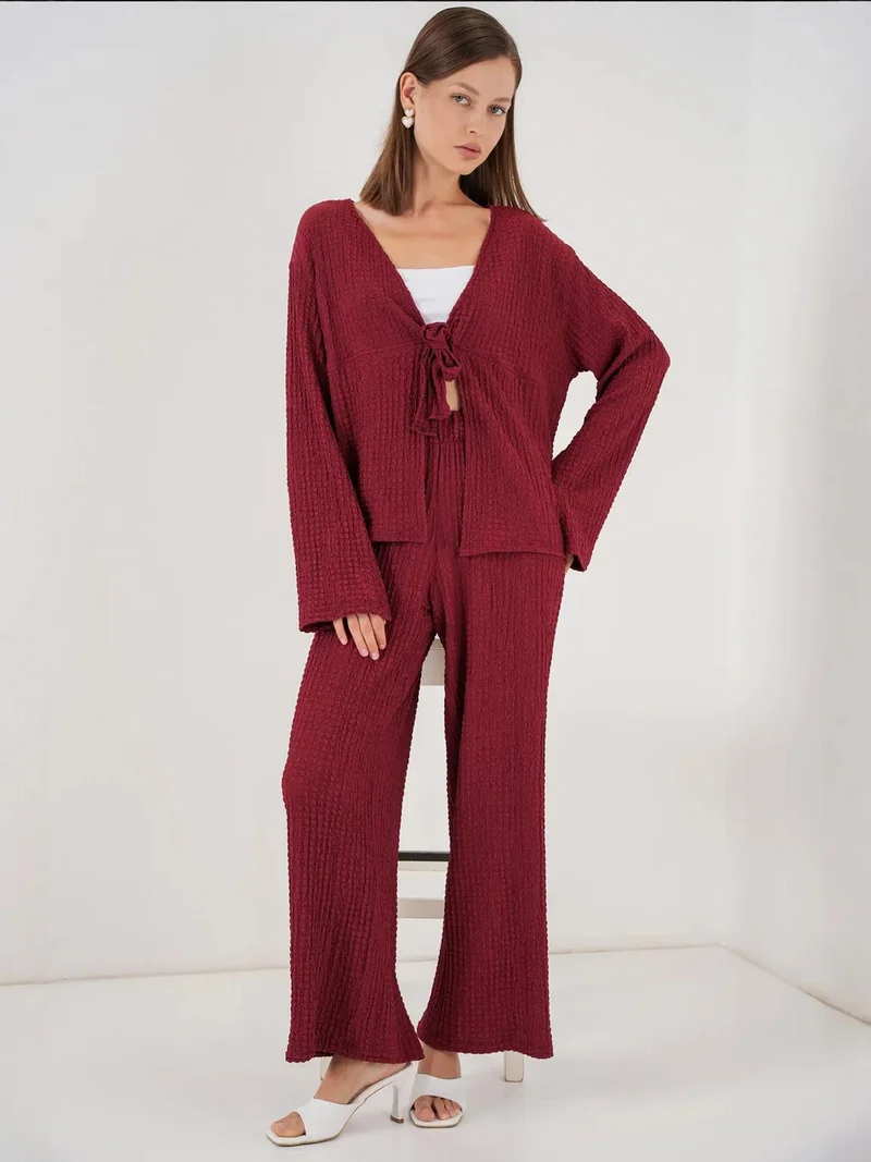BDART Textured V-Neck Long Sleeve Top & Flare Pants Two-Piece Set