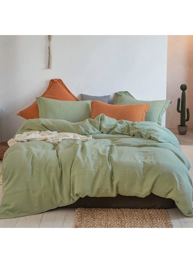 Simple&Opulence 100% Linen Duvet Cover Set 3pcs Basic Style Natural French Washed Flax Solid Color Soft Breathable Farmhouse Bedding with Button Closure - Sage Green, Queen - Image 1