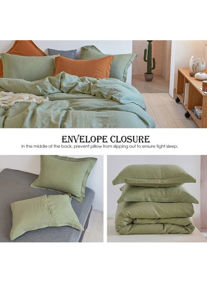 Simple&Opulence 100% Linen Duvet Cover Set 3pcs Basic Style Natural French Washed Flax Solid Color Soft Breathable Farmhouse Bedding with Button Closure - Sage Green, Queen - Image 4