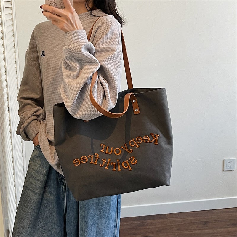 Canvas Bag Literary Niche Shoulder Bag Women'S Large Capacity High-End Simple Embroidered Letters Student Portable Tote Bag - Image 5