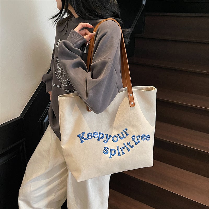 Canvas Bag Literary Niche Shoulder Bag Women'S Large Capacity High-End Simple Embroidered Letters Student Portable Tote Bag - Image 3