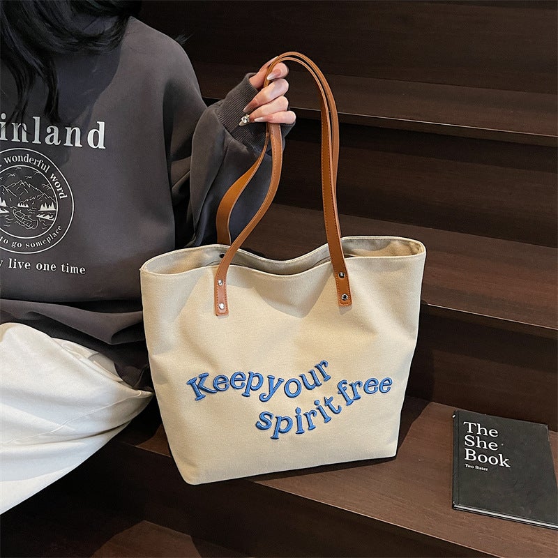 Canvas Bag Literary Niche Shoulder Bag Women'S Large Capacity High-End Simple Embroidered Letters Student Portable Tote Bag - Image 2