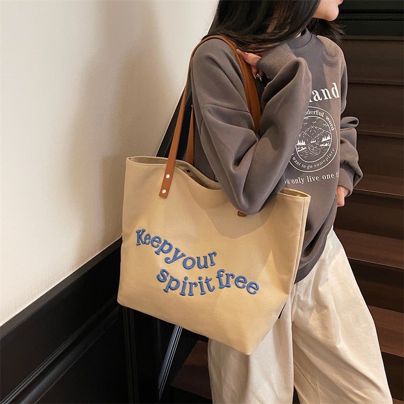 Canvas Bag Literary Niche Shoulder Bag Women'S Large Capacity High-End Simple Embroidered Letters Student Portable Tote Bag - Image 1