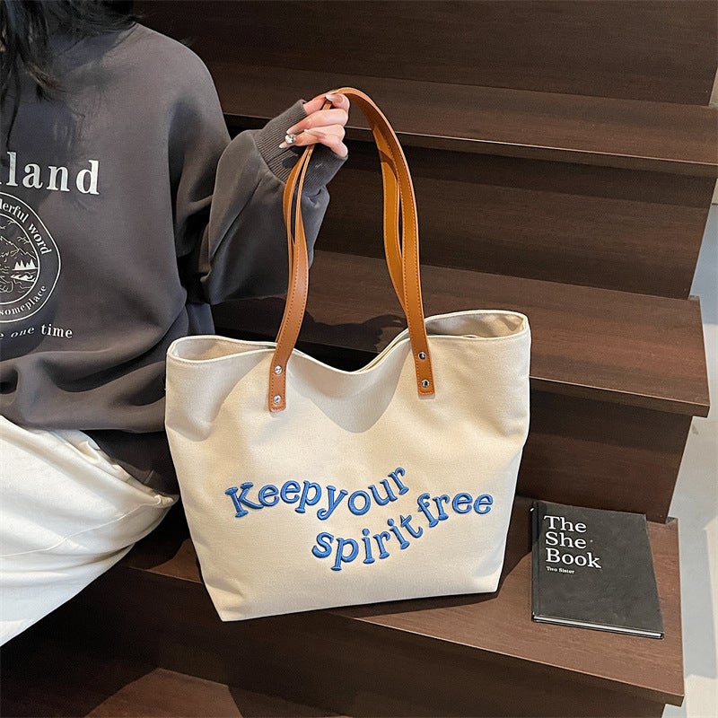 Canvas Bag Literary Niche Shoulder Bag Women'S Large Capacity High-End Simple Embroidered Letters Student Portable Tote Bag - Image 4