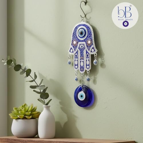 BLUE BEADS Premium Evil Eye Hamsa Hand Wall Hanging for Protection | Nazar Battu Decorative Home & Office Hanging | Blue Turkish Evil Eye Charm for Positivity & Good Luck - Image 2