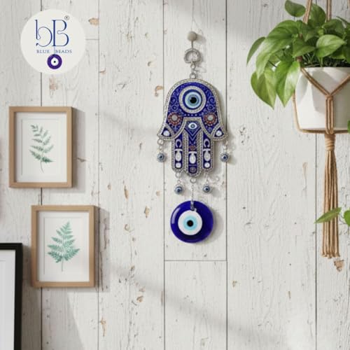BLUE BEADS Premium Evil Eye Hamsa Hand Wall Hanging for Protection | Nazar Battu Decorative Home & Office Hanging | Blue Turkish Evil Eye Charm for Positivity & Good Luck - Image 3