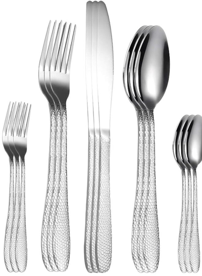 Eletree Stainless Steel Flatware Set | Hammered Handle Cutlery with Salad Forks Dinner Forks Tea Spoons Dinner Spoons and Knives | Dishwasher Safe Tableware for Home and Restaurant (15, Silver) - Image 1