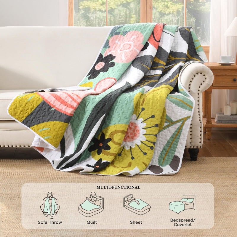 Andency Floral Boho Queen Quilt Bedding Set Green, 3 Pieces Farmhouse Flower Botanical Summer Bedspreads with 2 Shams, Soft Reversible Lightweight Microfiber Coverlet Set for All Season, 90"x96" - Image 4