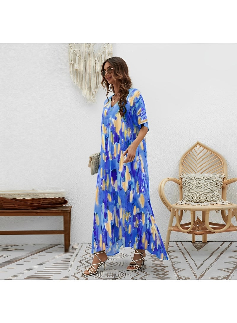 ريوكل فستان ماكسي نسائي بطباعة أنيقة، فستان كاجوال بأكمام نصفية، فستان تنورة كبير، فستان صيفي طويل بمقاس كبير للشاطئ - Image 4