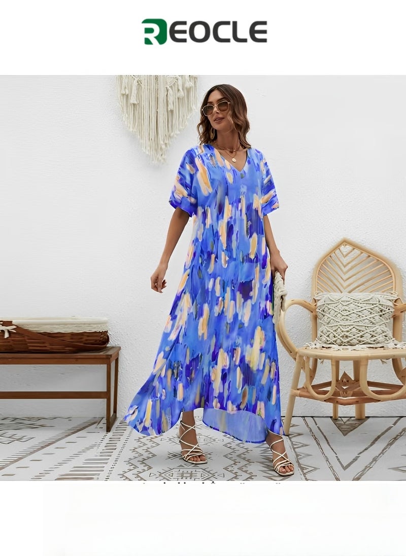 ريوكل فستان ماكسي نسائي بطباعة أنيقة، فستان كاجوال بأكمام نصفية، فستان تنورة كبير، فستان صيفي طويل بمقاس كبير للشاطئ - Image 1