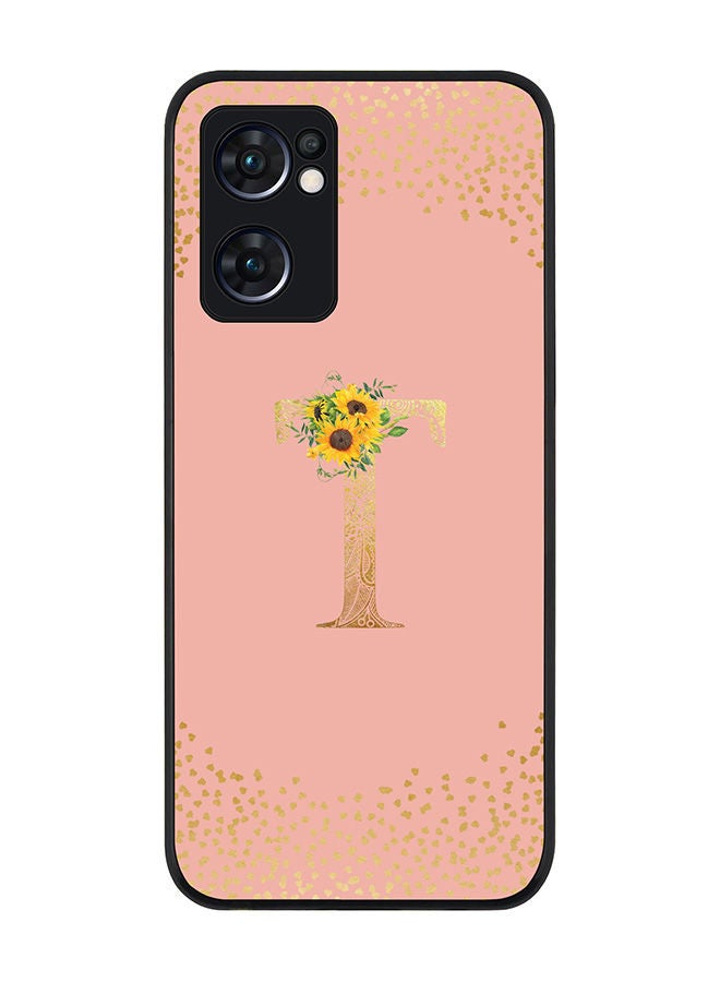 Stylizedd Rugged Black edge case for Oppo Reno7 5G  Slim fit Soft Case Flexible Rubber Edges Anti Drop TPU Gel Thin Cover - Custom Monogram Initial Letter Floral Pattern Alphabet - T (Rose Pink ) - Image 1