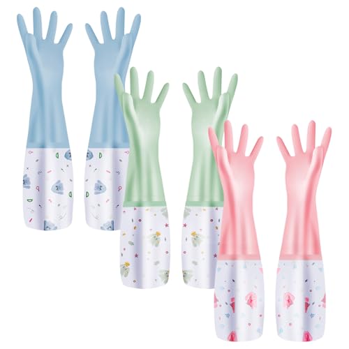 XJMWXHFC 3Pcs Reusable Dishwashing Gloves, Waterproof Long Cuff Non-Slip Household Gloves With Cotton Lined For Laundry, Cleaning, Working, Gardening - Image 1