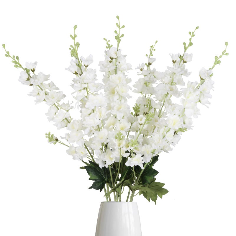 Fqueelvys White Delphinium Artificial Flowers,8PCS Long Stem Silk Larkspur Flowers 33.5'' Faux Delphinium Stems for Tall Vase Home Wedding Table Decor(White) - Image 1