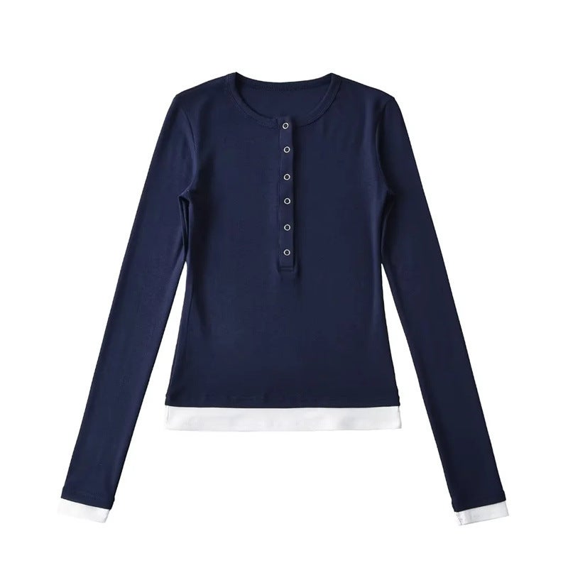 American Spice Girl Five-Claw Fake Two-Piece Long-Sleeved T-Shirt Autumn New Simple Basic Elastic Slim-Fit Base Shirt - Image 5
