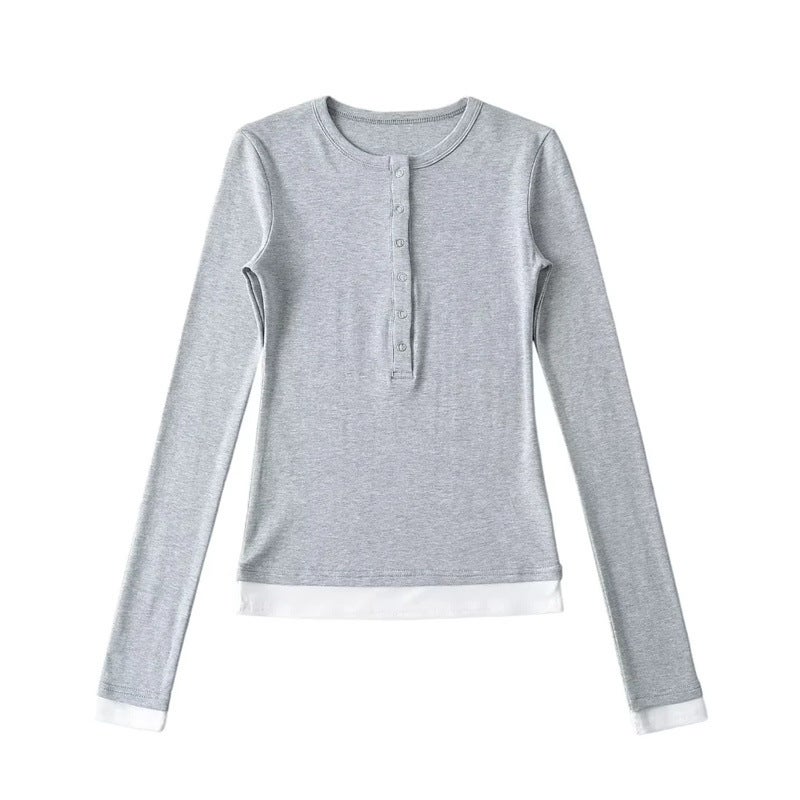 American Spice Girl Five-Claw Fake Two-Piece Long-Sleeved T-Shirt Autumn New Simple Basic Elastic Slim-Fit Base Shirt - Image 3