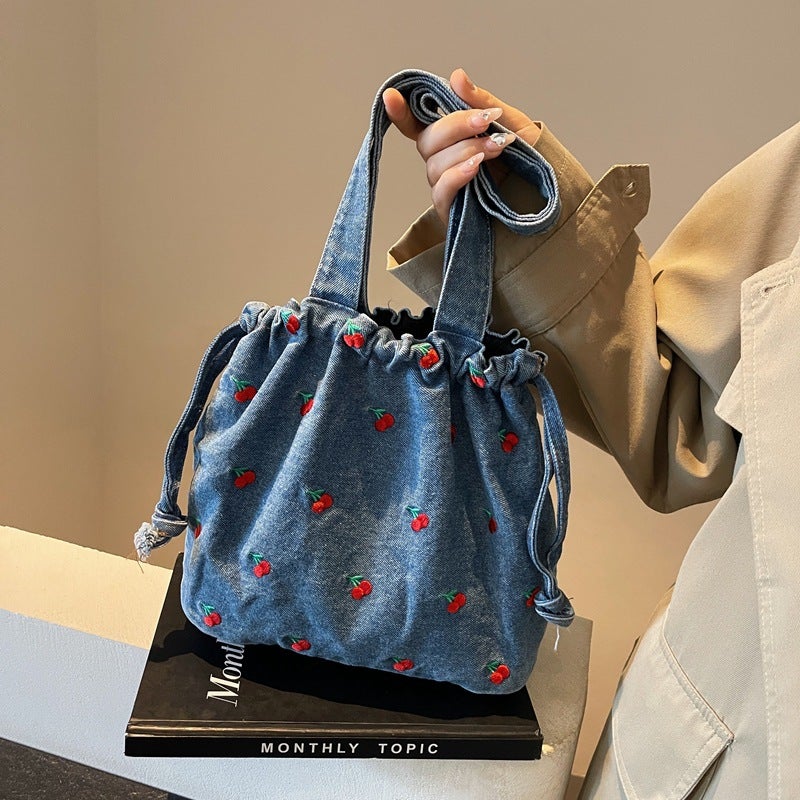 Canvas Bag Embroidered Handbag Denim Bag Niche Drawstring Design Fashion Large Capacity Shoulder Bag All-Match Commuter Bag - Image 2