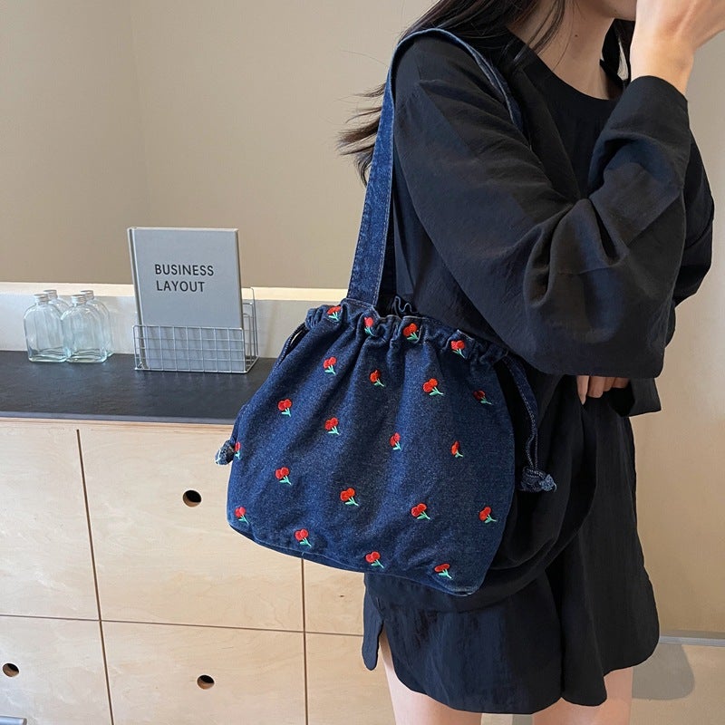 Canvas Bag Embroidered Handbag Denim Bag Niche Drawstring Design Fashion Large Capacity Shoulder Bag All-Match Commuter Bag - Image 5