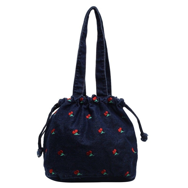 Canvas Bag Embroidered Handbag Denim Bag Niche Drawstring Design Fashion Large Capacity Shoulder Bag All-Match Commuter Bag - Image 1